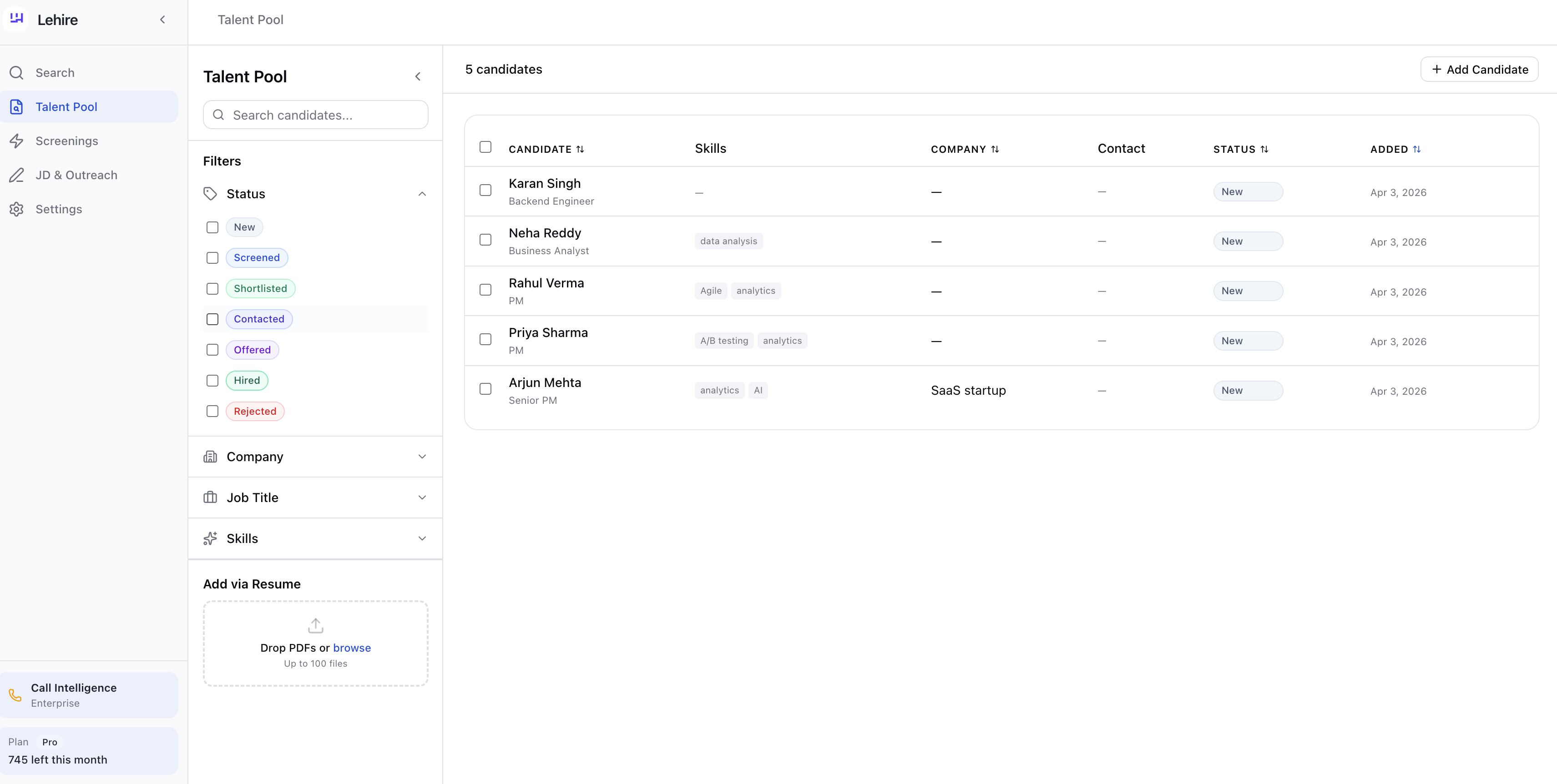 Lehire dashboard — AI-powered talent screening